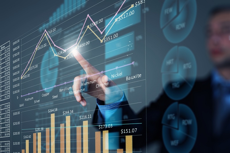 A hand points at an interactive digital display showing fluctuating financial graphs and data on various metals.